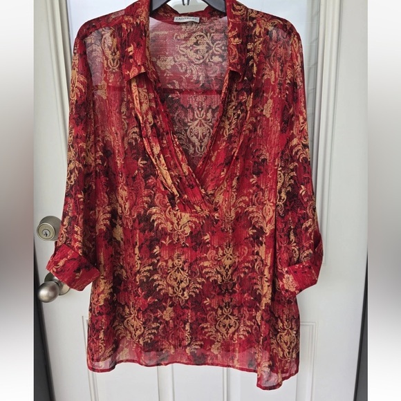 Catherines Sheer Tunic Top 2X Plus Womens 3/4 Sleeve Orange Paisely Open Front - Picture 2 of 15